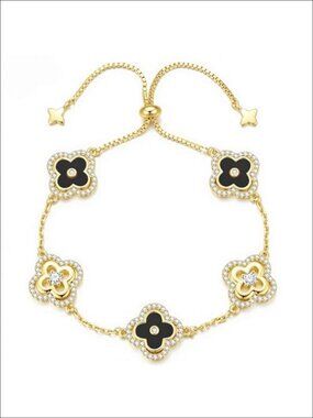 14K Gold Plated Four Leaf Clover Bracelet CZ Charm Adjustable Lucky Gift